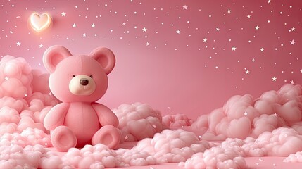 Sweet celebration: A pink backdrop adorned with hearts, balloons, and teddy bears creates a whimsical nursery setting. Charming and adorable, perfect for baby showers or birthdays!