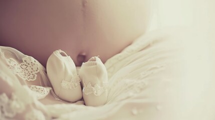 An expectant mother caressing her belly in anticipation, with focus on tiny baby shoes, embodying the essence of maternity