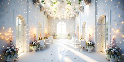 design of festive, wedding interior, spacious hall with sea view