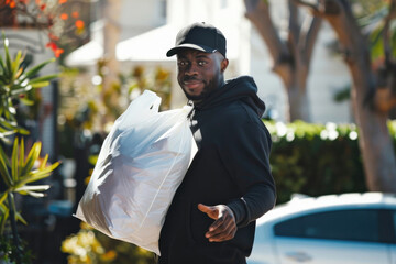 A man courier discreetly delivers a bag of food