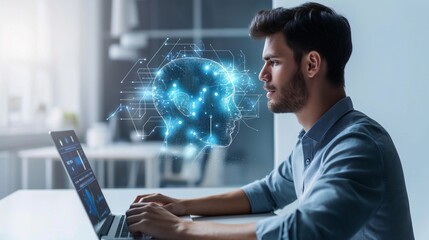 Man chatting with an intelligent artificial intelligence