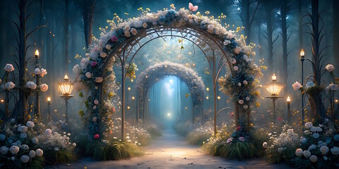 Flower arches, magical atmosphere, fairy garden, wedding concept