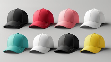 Variety of blank baseball caps display