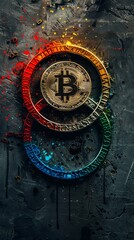 Artistic bitcoin stack with paint splatter