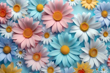Fototapeta premium Close-up of Colorful Flowers on Blue Background