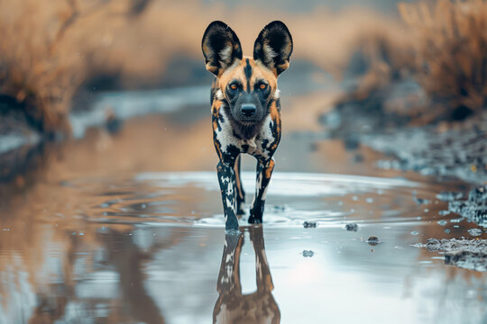 African wild dog, walking in the water on the road. Hunting painted dog with big ears, beautiful wild animal