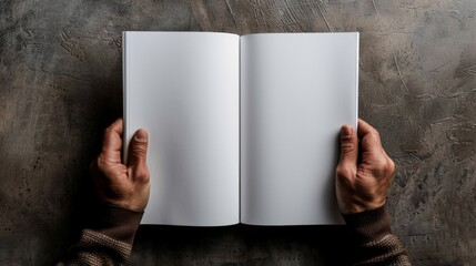 Open blank book held in hands on textured surface - obrazy, fototapety, plakaty