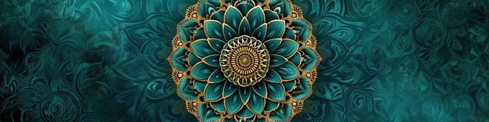 a breathtaking mandala against a teal green background, emphasizing the fine details and soothing hues in impeccable high-definition.