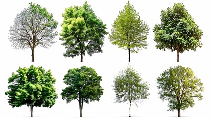 A set of eight high-quality tree images. The trees are all different types and are shown in different seasons.