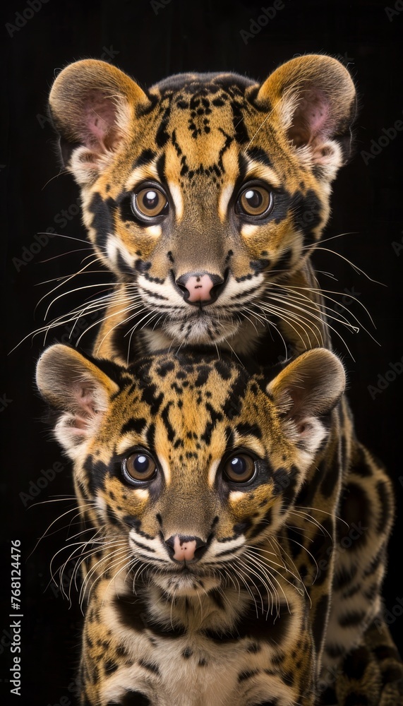 Poster male clouded leopard and cub portrait, object on right, ample space on left for text