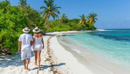 Fototapeta na wymiar Tranquil scene of couple walking on white sandy beach in paradise with space for text.