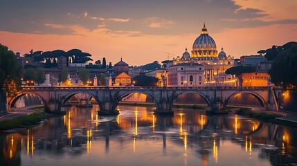 The image is a beautiful sunset view of the Ponte Sant'Angelo bridge in Rome, Italy.