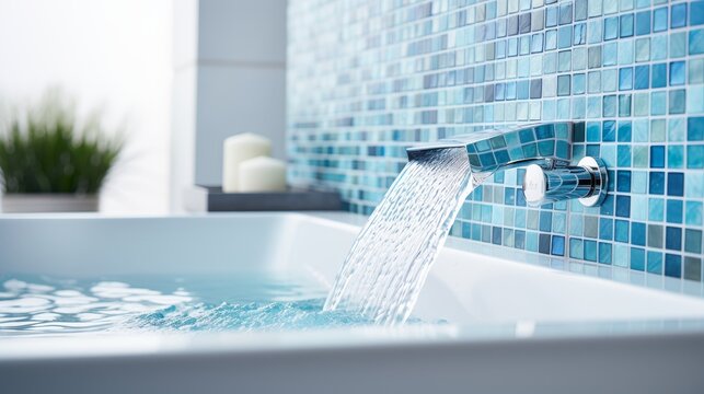 Water flows from a water tap into a large modern bathtub