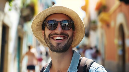 Young man wearing a straw hat and sunglasses smiles happily while on vacation in a sunny location.