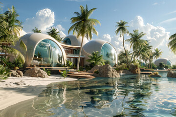 An oasis resort designed for space tourism, featuring zero-gravity relaxation pods and genetically modified palm trees engineered to thrive in extraterrestrial environments, offering a glimpse  - obrazy, fototapety, plakaty