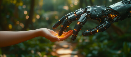 Hands of robot and human touching each over. Artificial intelligence. Relationship, friendship, social contact between cyborg and human. Future	
 - obrazy, fototapety, plakaty