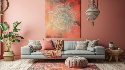 a blossoming mandala against a muted peach background, creating a tranquil setting with a modern sofa.