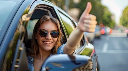 Fototapeta na wymiar Road trip vibes: Female in car shows thumbs up through window in stock photo. Website background exudes positivity and success, perfect for travel or transportation themes.