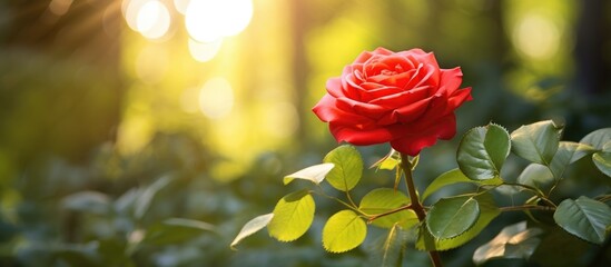 In the midst of a forest setting, a single red rose stands out prominently against the green foliage. The rich red color of the rose contrasts with the surrounding environment, showcasing natures - obrazy, fototapety, plakaty