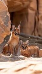 Male caracal and caracal kitten portrait with spacious left side for text placement