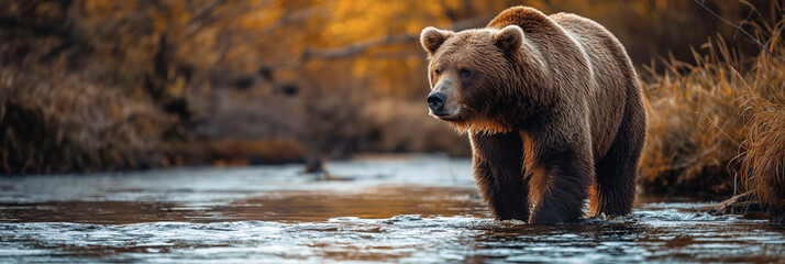 brown grizzly bear on water of forest river in spring - obrazy, fototapety, plakaty