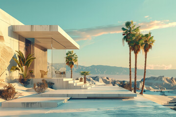 An oasis-inspired retreat with sleek, minimalist structures blending seamlessly with the natural landscape, featuring geometric palm tree arrangements and futuristic plant sculptures  - obrazy, fototapety, plakaty
