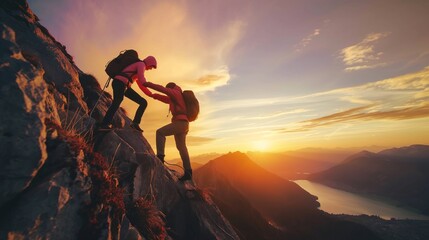 Friends helping each other hike up a mountain at sunrise. Giving a helping hand, and active fit lifestyle concept. - obrazy, fototapety, plakaty