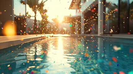 Sunlit scene as confetti falls onto a sleek swimming pool, blending celebration with luxury ambiance.