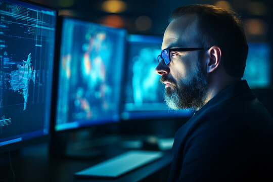 Hard working person in modern interior office programming writing web java script code AI technology generation
