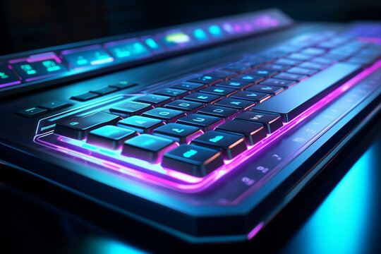Closeup macro picture of modern led lights effect keyboard for programming job Generation AI