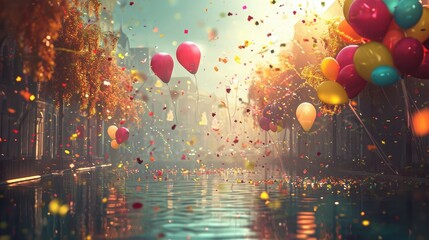 Sunlit reflections dance on the water's surface as confetti and balloons descend, framing a scene...