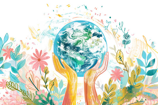 Hands holding planet Earth surrounded by flora and fauna. Colorful artistic Earth Day illustration