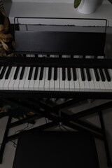 Music stand mounted on a digital piano. Modern keys in the apartment. Musical keyboard instrument.