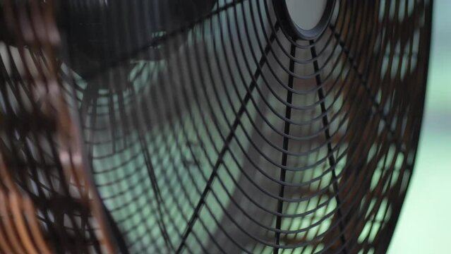 The electric domestic spinning fan in room. Close up, cinematic