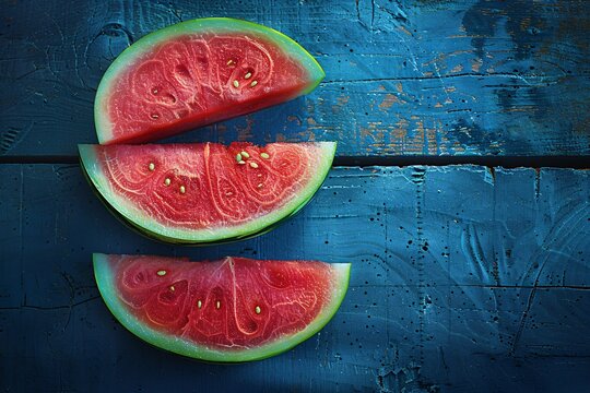 a watermelon slices on a blue table