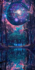 Trippy stars lasers cosmic alien forest circular album cover background created with Generative AI Technology