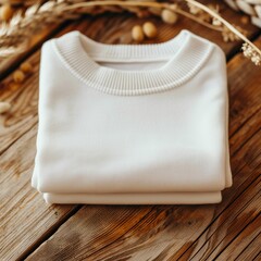 a stack of white sweaters on a wooden surface