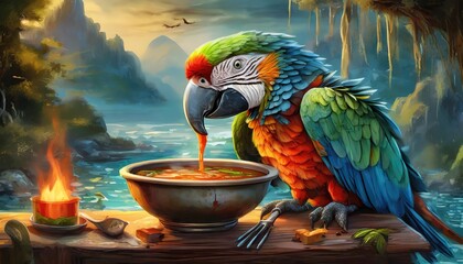 Parrot eating soup on a terrace with a great landscape, colorful, clean air, eco friendly, restaurant soup, parrot with glasses, neighborhood parrot