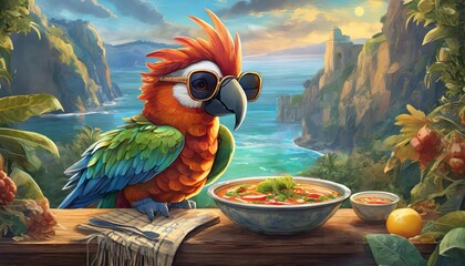 Parrot eating soup on a terrace with a great landscape, colorful, clean air, eco friendly, restaurant soup, parrot with glasses, neighborhood parrot