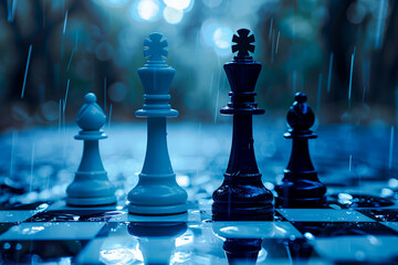 Chess white king attacks black king blue tone - obrazy, fototapety, plakaty