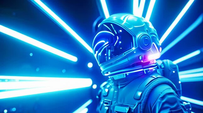 Astronaut figure in space suit in surrounded by glowing neon tube lights. Science fiction scene.