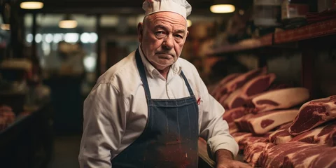 Fotobehang Butcher standing in a modern butcher shop, man at work © 22_monkeyzzz