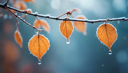 frozen leaves are hanging on a branch with water droplets