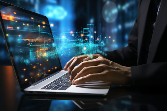 Hard working person in modern interior office programming writing web java script code AI technology generation