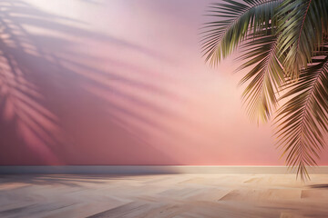 Shadows of palm leaves on a pink wall. Minimal abstract background for product presentation.