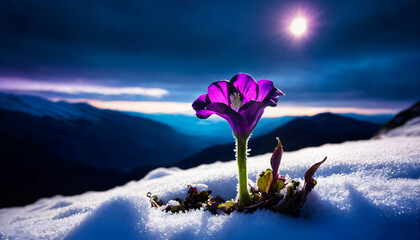 single purple flower sprouts on a snowy in the mountains