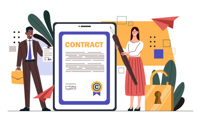 People with app contract online. Man and woman with electronic signature. Digital agreement and document online. Exchange of information on internet. Cartoon flat vector illustration