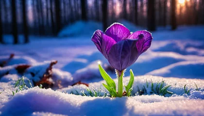 Foto op Plexiglas spring crocus in snow © Тарас H