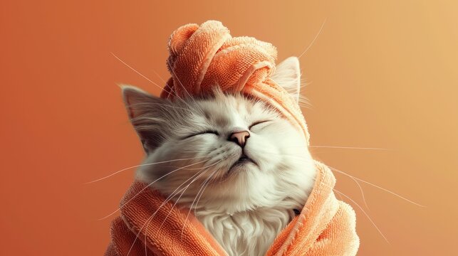 Cartoon cat in a cozy bathrobe and towel turban, relaxation mode on, against a warm orange backdrop