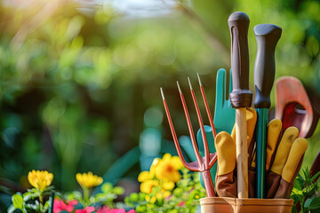 Gartenger&auml;te im Garten mit unscharfen Hintergrund und Textfreiraum